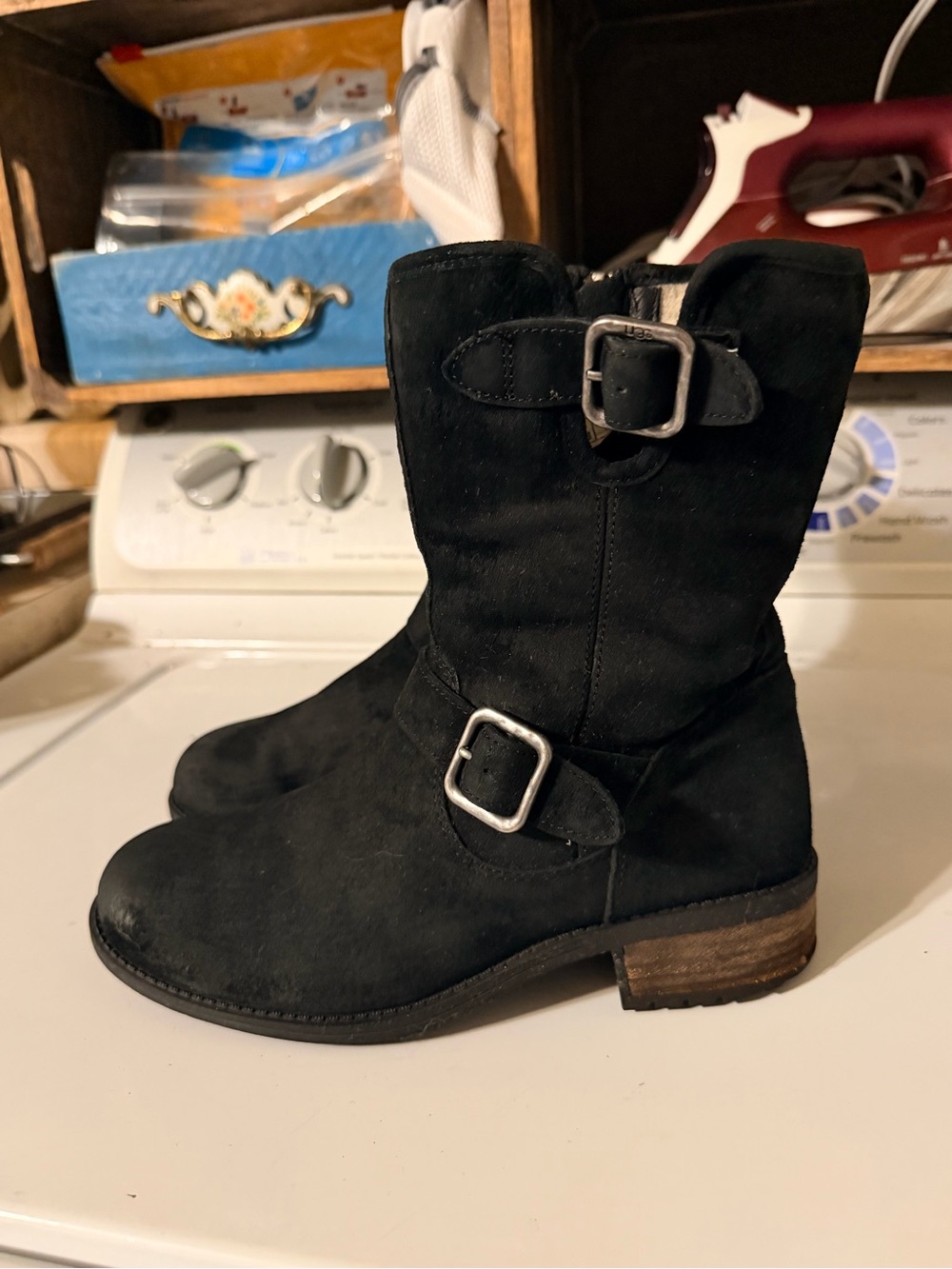 UGG Chaney 1006042 Black Suede Shearling Moto Boots Buckle Zip Women 6.5
